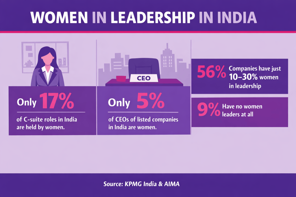 Infographic titled 'Women in Leadership in India' highlighting statistics about women in leadership roles.