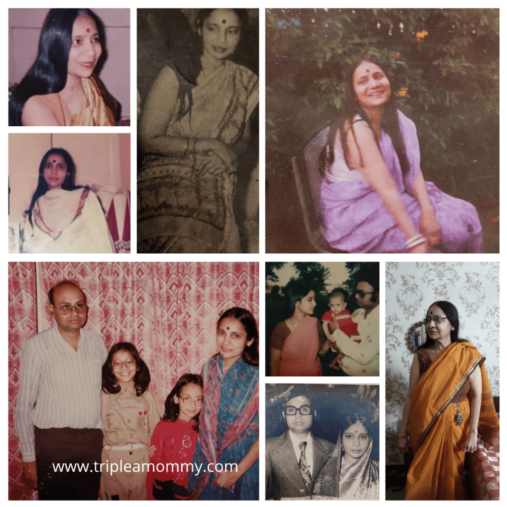 Collage of vintage photos featuring women in traditional attire, including sarees, smiling and posing in various settings.